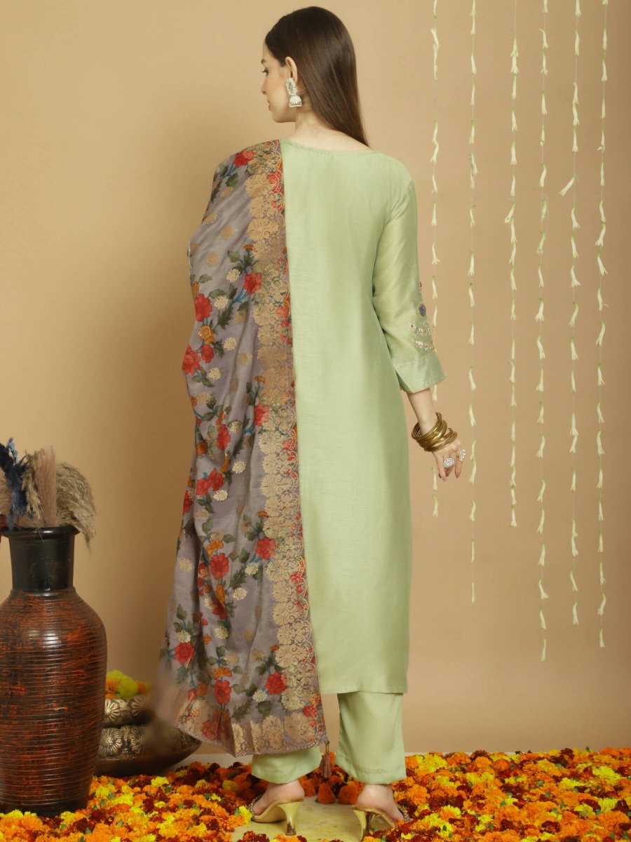 Aastha Fashion Women's Green Chanderi Silk Elegant Jardoshi Semi Kurta with Trouser & Dupatta - Grab2buy
