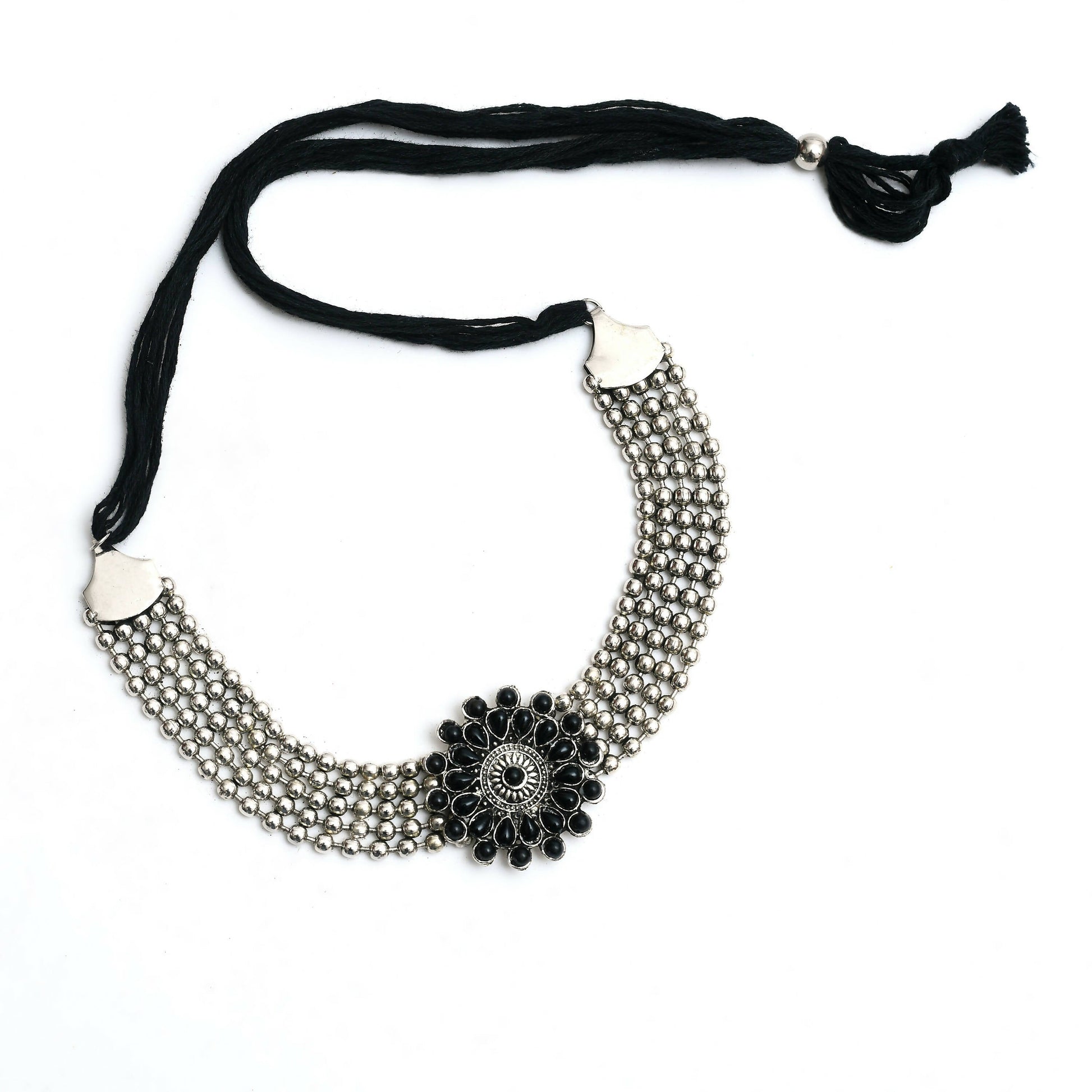 Mominos Fashion Johar Kamal Oxidised Silver-Plated Brass Finish Kundan Choker For Women (Black) - Grab2buy