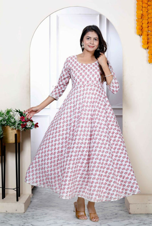Miravan Women's Pink Pure Cotton Printed Anarkali Kurta