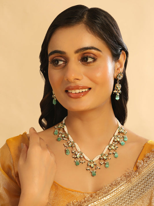 Nuyug 22K Gold Plated Pearl Empress Flora Green Stone Drops Necklace Set | Grab2Buy