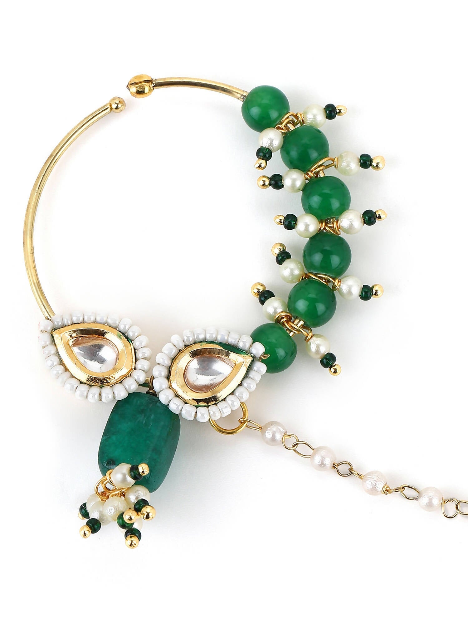 Gold Plated White Green Kundan Studded Beaded Chain Nose Pin - Ruby Raang - Grab2buy