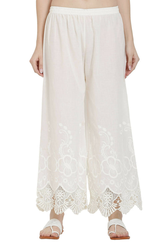 PAVONINE White Color Chikankari Lace Scalloped Hem Cotton Fabric Sharara