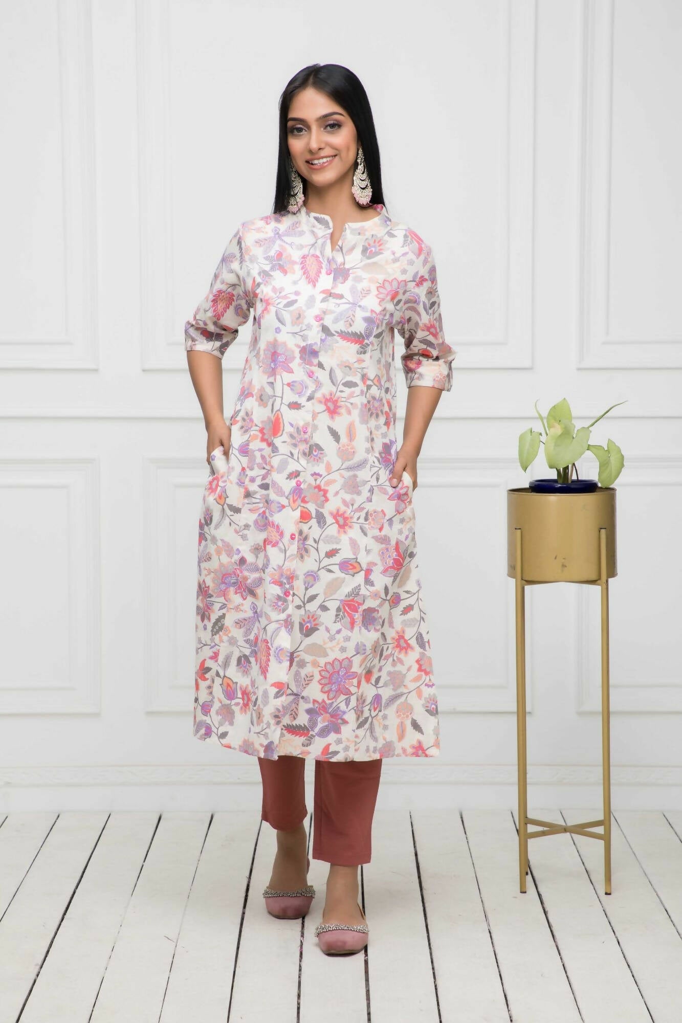 Myshka Women Cotton A-Line Round Neck Multi Floral Kurtas - Grab2buy
