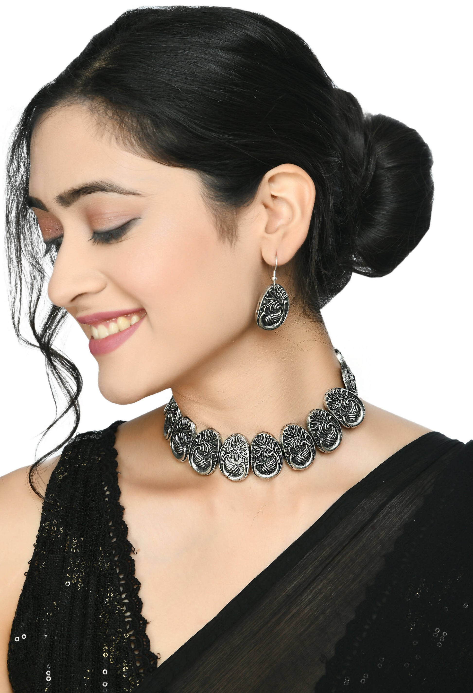 Mominos Fashion Johar Kamal Oxidised Silver-Plated Brass Finish Choker For Women - Grab2buy