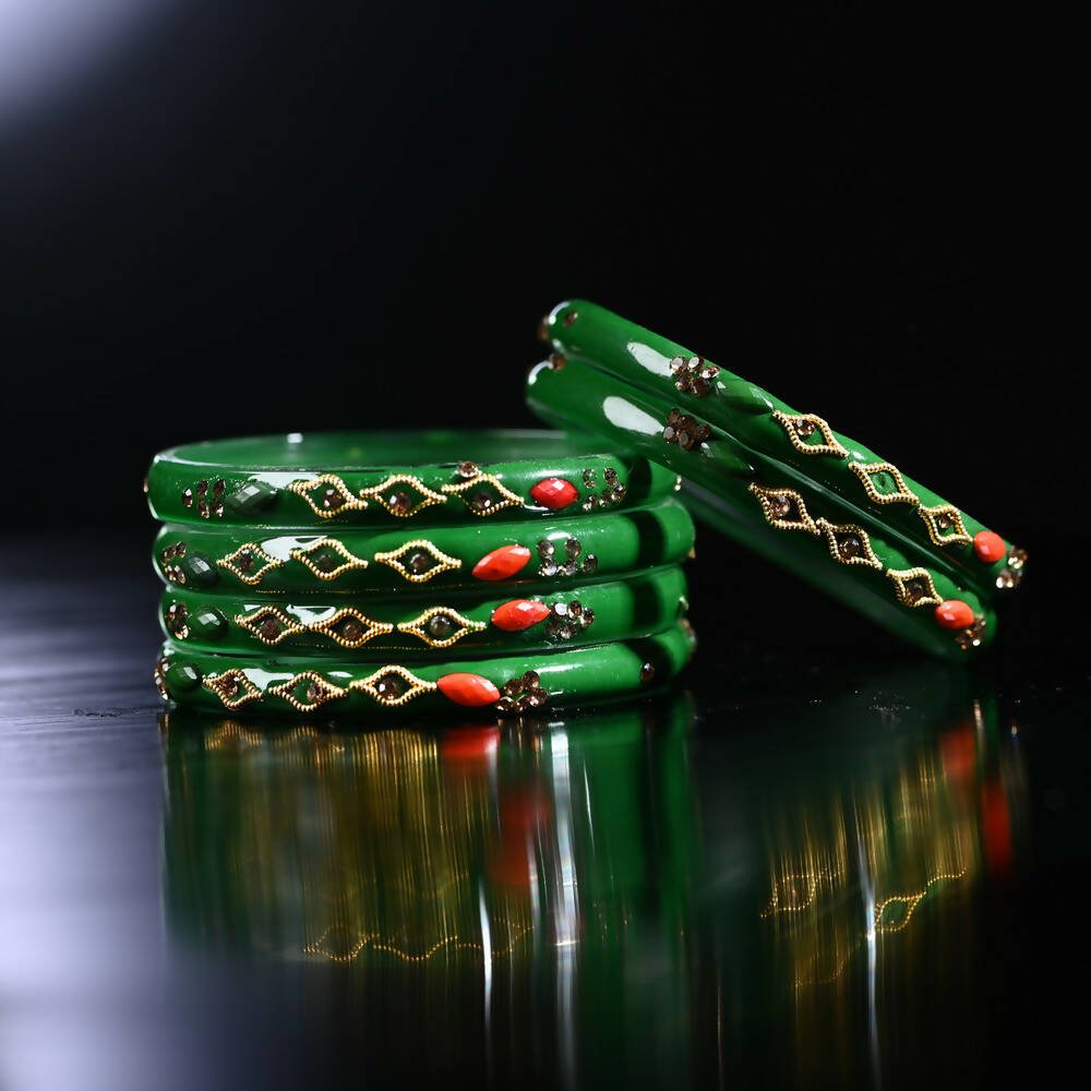 Afast Designer Fancy Party Bangle/ Kada Set, Green, Glass, Pack Of 8 - Grab2buy