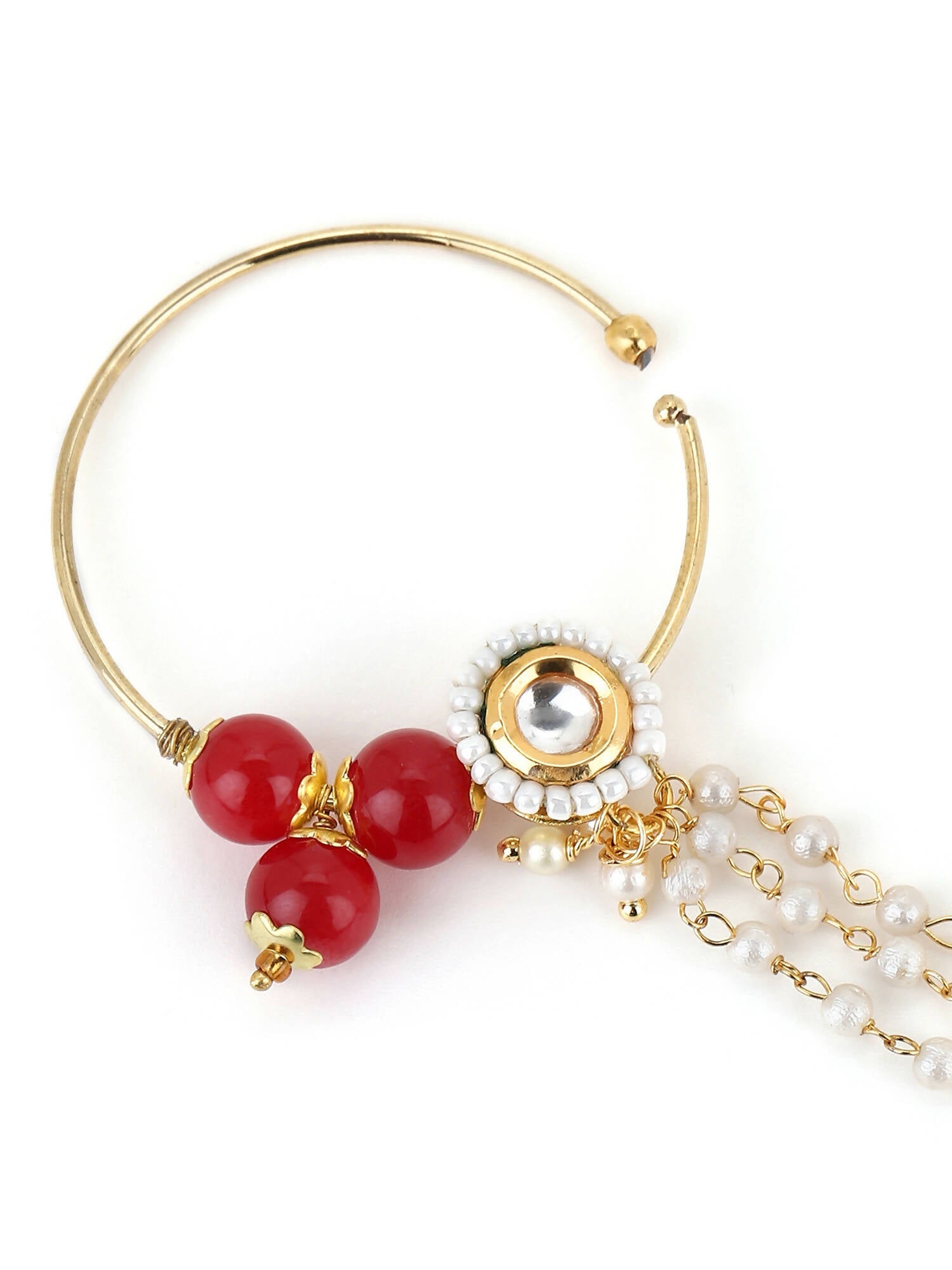 White Red Gold-Plated Kundan-Studded Beaded Nosepin - Ruby Raang - Grab2buy