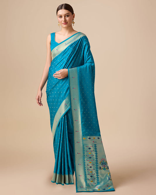 Monjolika Fashion Opulent Paithani In Regal Blue Color With Gold Weaves Delicate Zari Work Silk Saree