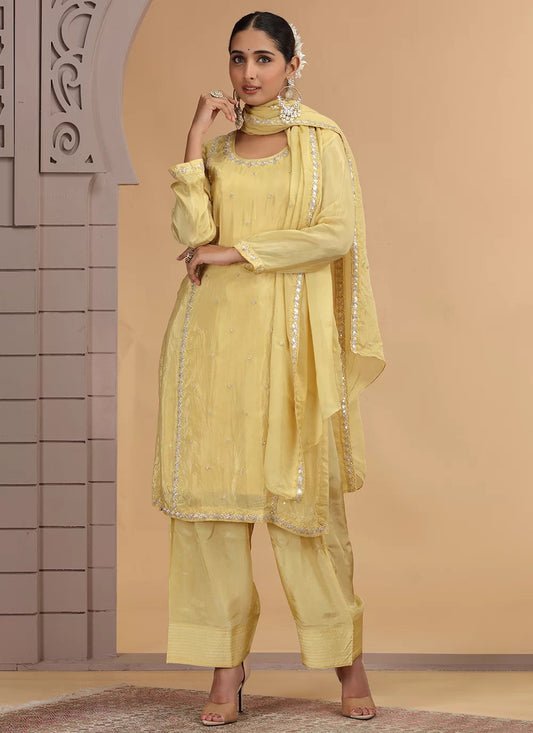 Chhap Yellow Colour Satin Silk Hand Work Salwar Suit