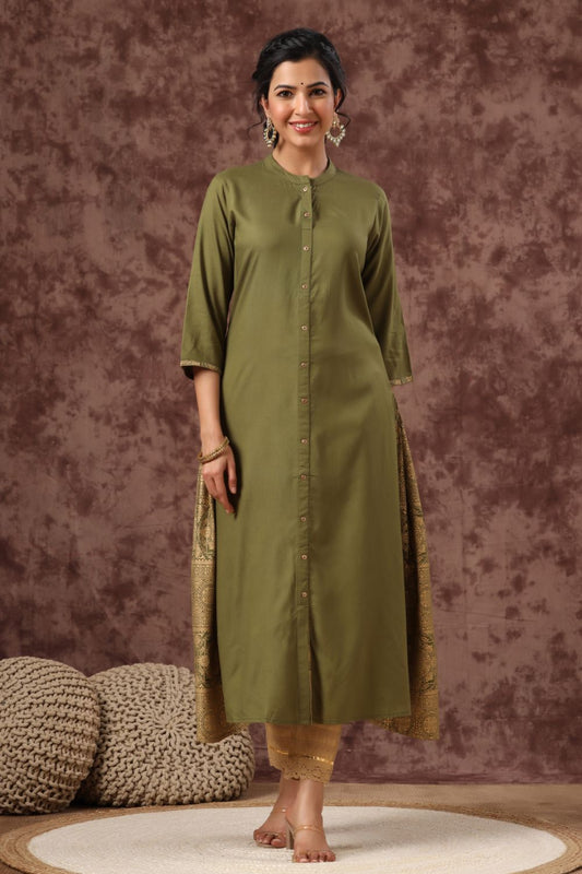 Juniper Womens Olive Rayon Foil Printed Kurta