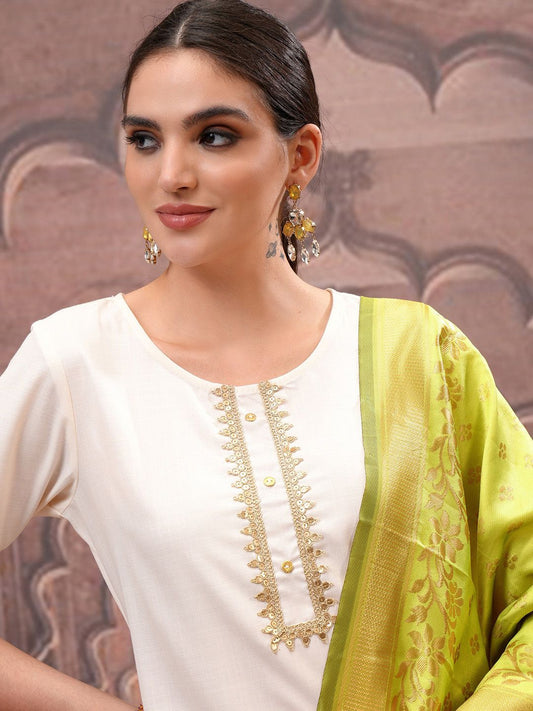 Vishudh Cream Embroidered Straight Kurta with Palazzo & Dupatta | Grab2Buy