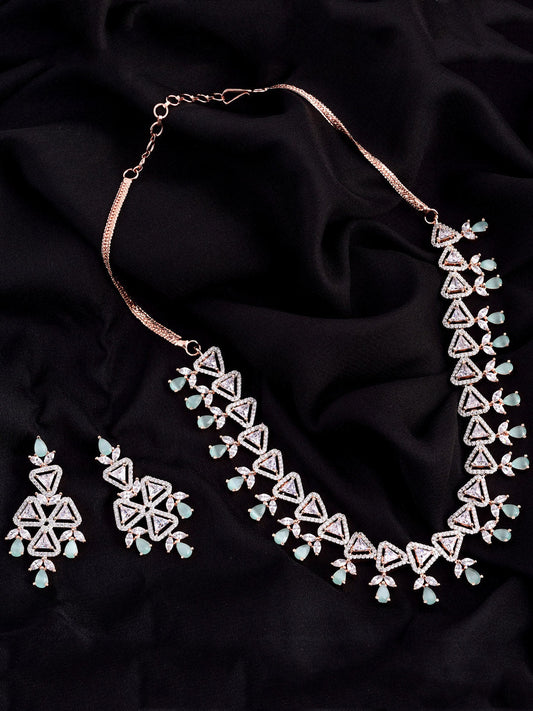 Saraf RS Jewellery Rose Gold-Plated White & Sea Green AD-Studded Handcrafted Jewellery Set - Grab2buy