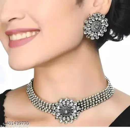 Tehzeeb Creations Women's Silver Plated Necklace Set With Stone | Grab2Buy