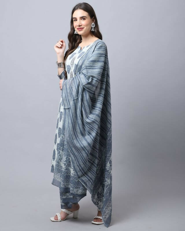 Aastha Fashion Women's Off White Cotton Jaipuri Printed Kurta with Trouser & Dupatta - Grab2buy