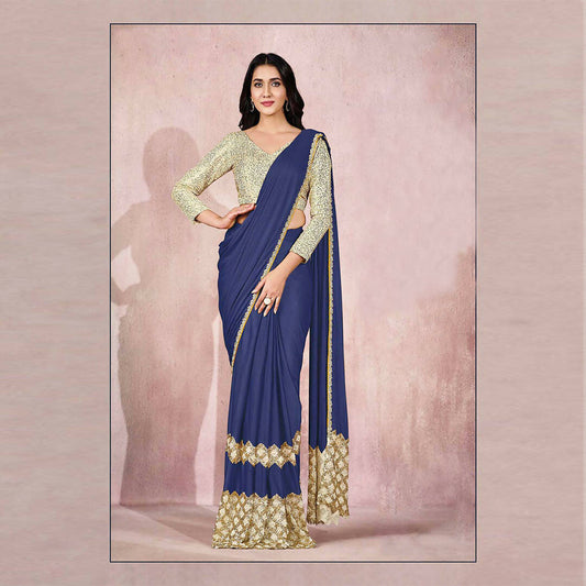 Blue Lycra Embroidery Designer Saree With Blouse - Mohmanthan Sitaarah