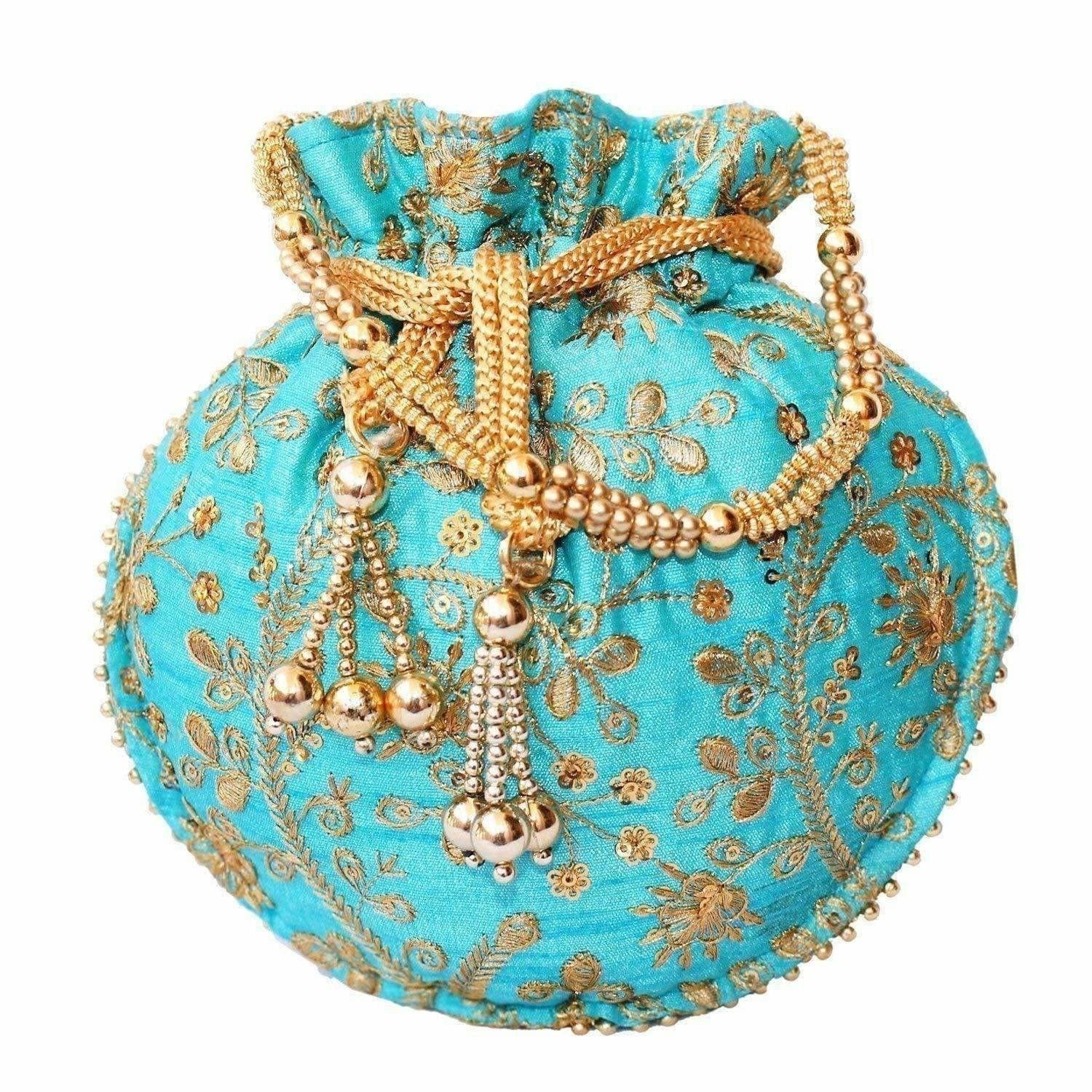 Ethnic Clutch Silk Potli Batwa Pouch Bag with Metal Bead work Gift For Women - Grab2buy