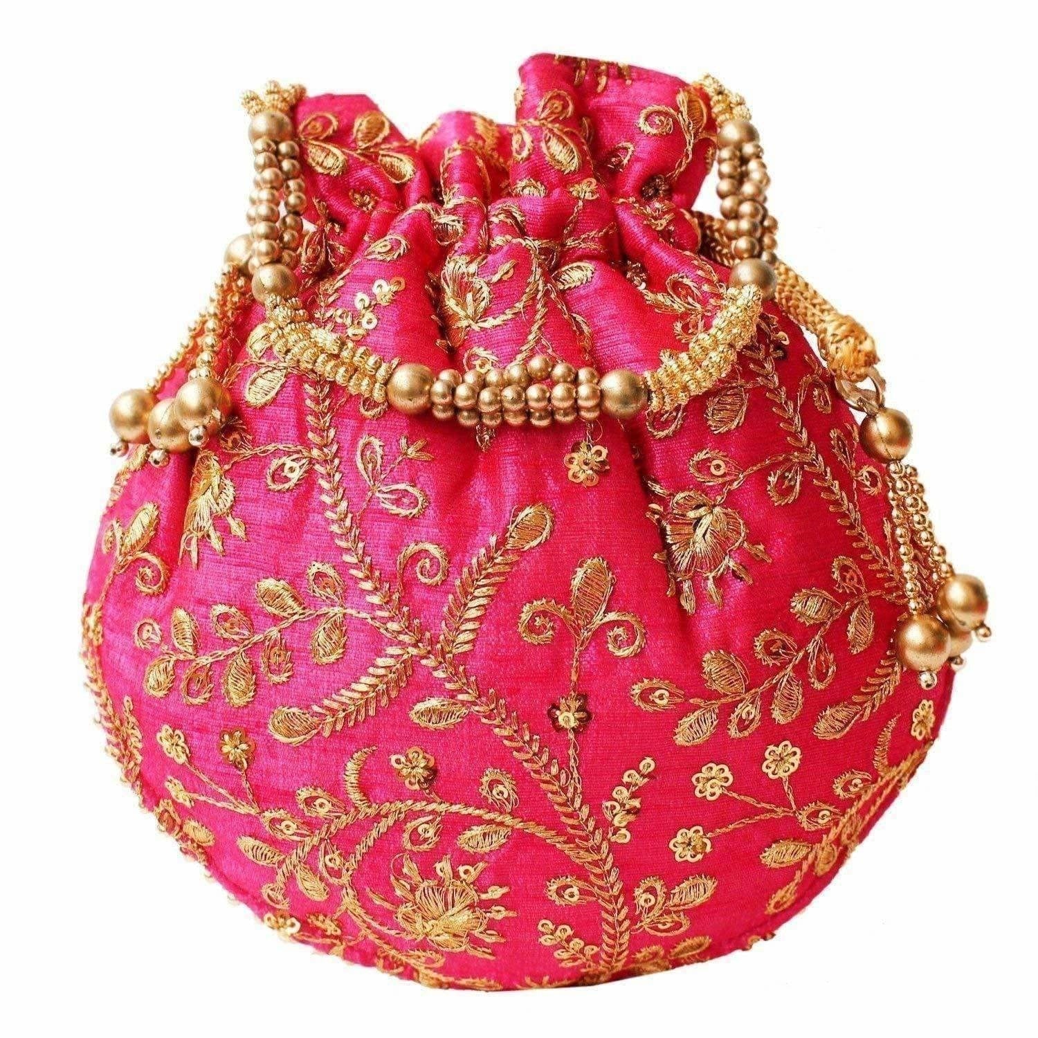 Ethnic Clutch Silk Potli Batwa Pouch Bag with Metal Bead work Gift For Women - Grab2buy