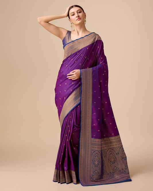 Monjolika Fashion Elegant Dark Purple Banarasi With Intricate Zari Work With Rich Brocade Patterns Silk Saree