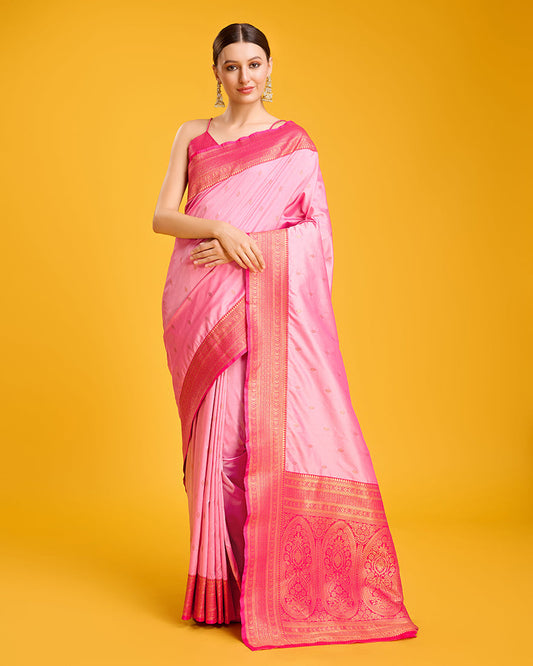 Monjolika Fashion Elegant Light Pink Banarasi With Intricate Zari Work With Rich Brocade Patterns Silk Saree