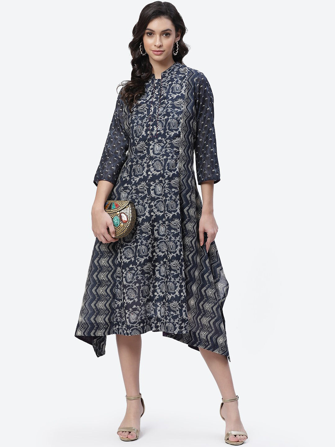 Biba Women Navy Blue Ethnic Motifs Printed Asymmetric Kurta - Grab2buy