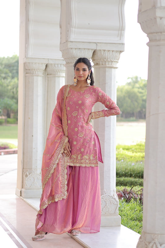 Lorenvalley Fashion Pink Fendy Satin with Rich Sequins Embroidered work Kurta Pant with Dupatta
