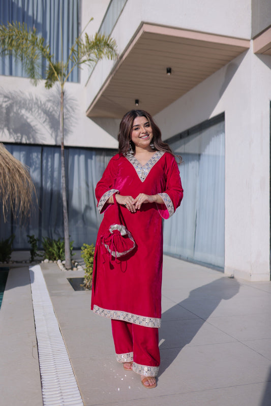Lorenvalley Fashion Pink 9000 Velvet with Rich Zari Embroidered & Real Mirror Work Kurta Pant with Batwa