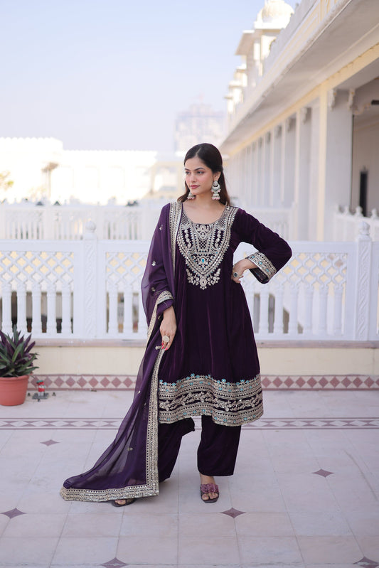 Lorenvalley Fashion Wine 9000 Velvet with Sequins & Coding & Thread Embroidered work Kurta Pant with Dupatta