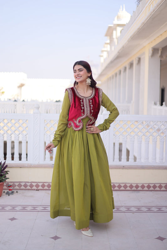 Lorenvalley Fashion Pista Mal Chanderi Flair Gown with Koti