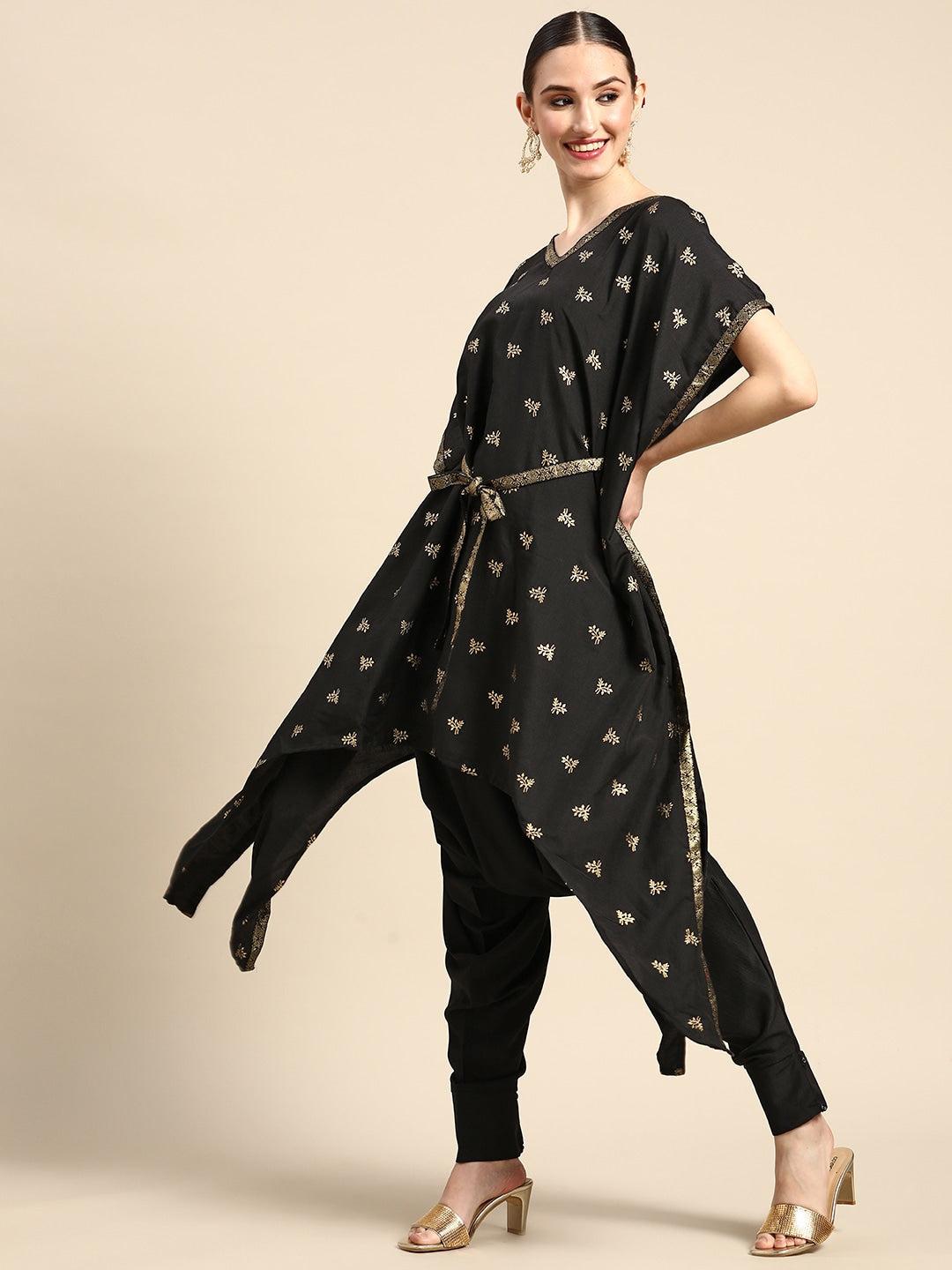 Sangria Women Black & Golden Ethnic Motifs Printed Kurta with Harem Pants - Grab2buy