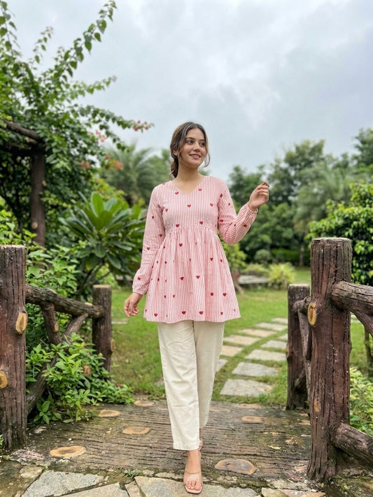 Lorenvalley Fashion Pink Cotton with Heart Embroidered work Top Bottom Set