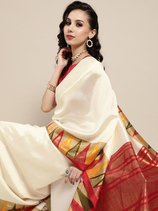 Saree Mall Off White Solid Chanderi Saree