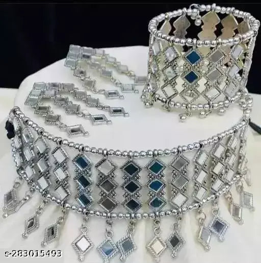 Tehzeeb Creations Women's Silver Oxidised Mirror Design Necklace Set With Bangle | Grab2Buy