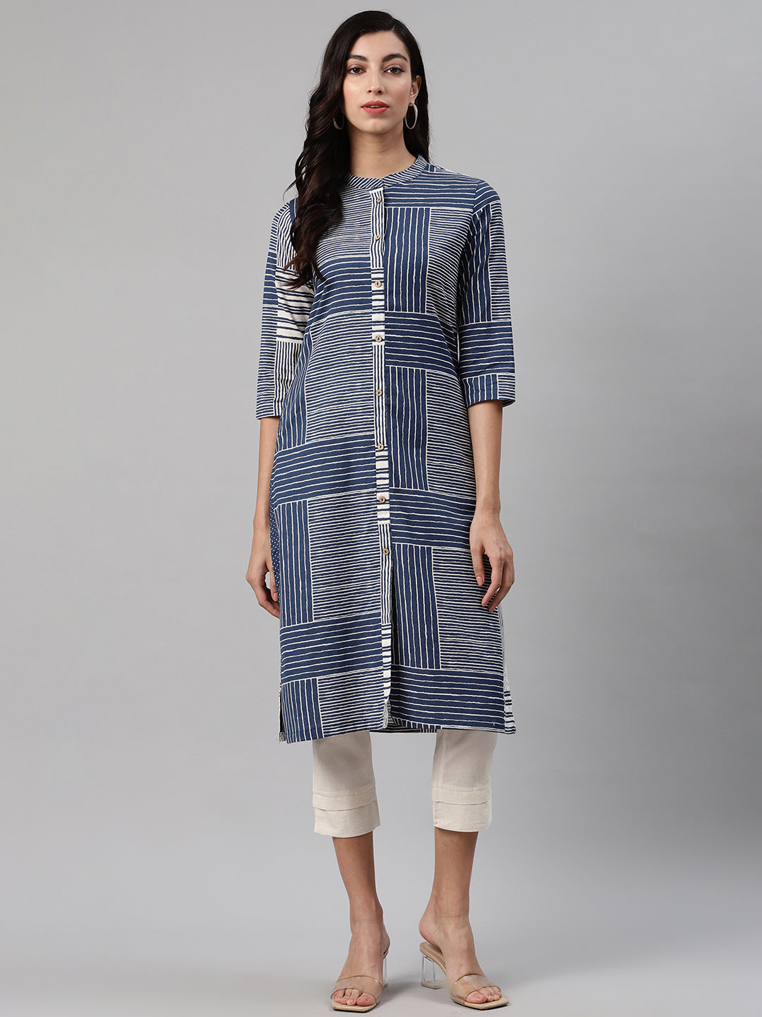 Biba Women Navy Blue & White Striped Kurta with Trousers - Grab2buy