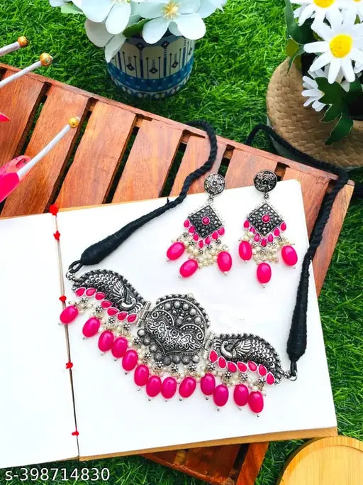 Tehzeeb Creations Women's Silver Plated Necklace Set With Rani Colour Pearl Tehzeeb Creations