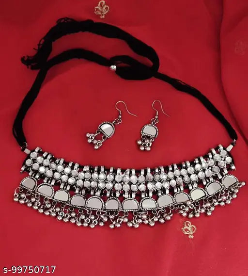 Tehzeeb Creations Women's Silver Plated Necklace Set With Mirror Design Tehzeeb Creations