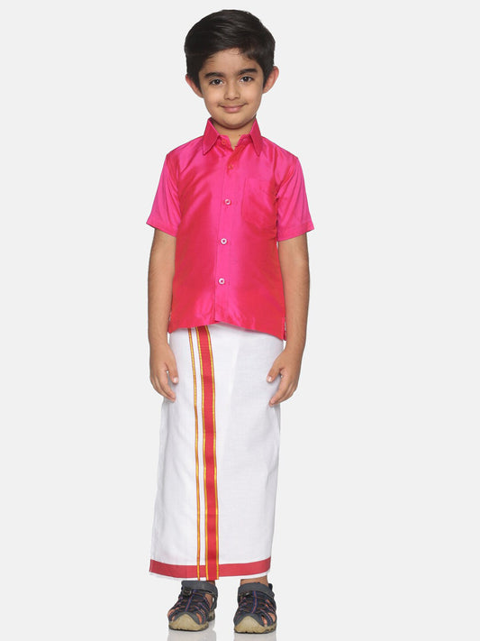 Sethukrishna Pink & White Solid Shirt and Veshti Set