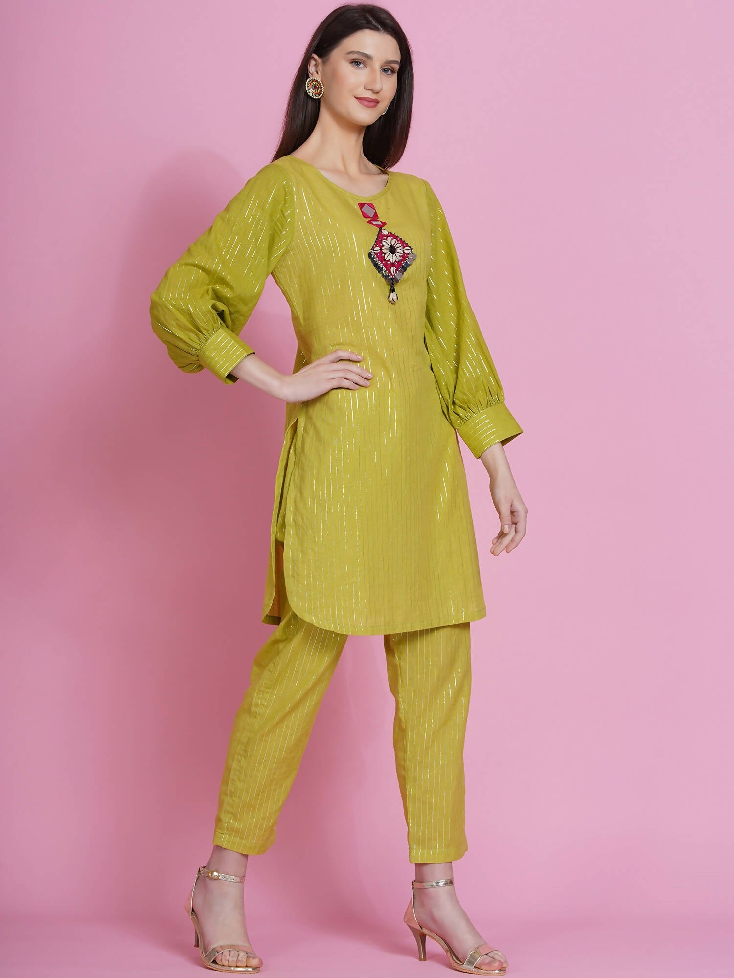 Women Republic Green Lurex Cotton Hand Embroidered Kurta With Pants - Grab2buy