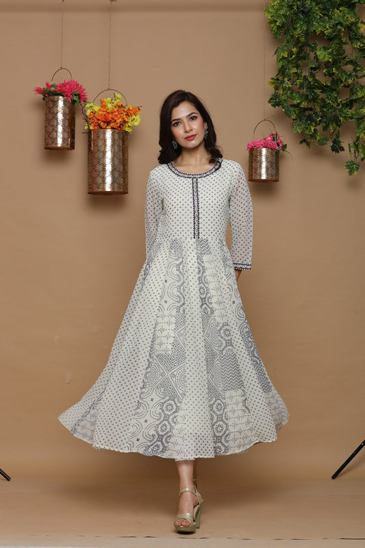 Juniper Womens Ivory Georgette Bandhani Print Kurta | Grab2Buy