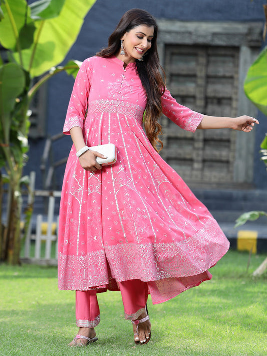 Juniper Women's Coral Georgette Printed Anarkali Kurta Sets | Grab2Buy