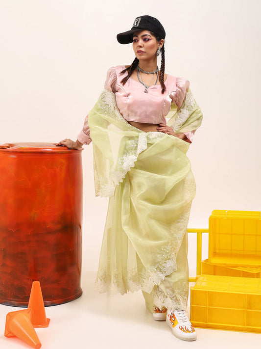 Tikhi Imli Green Floral Embroidered Organza Grab2Buy