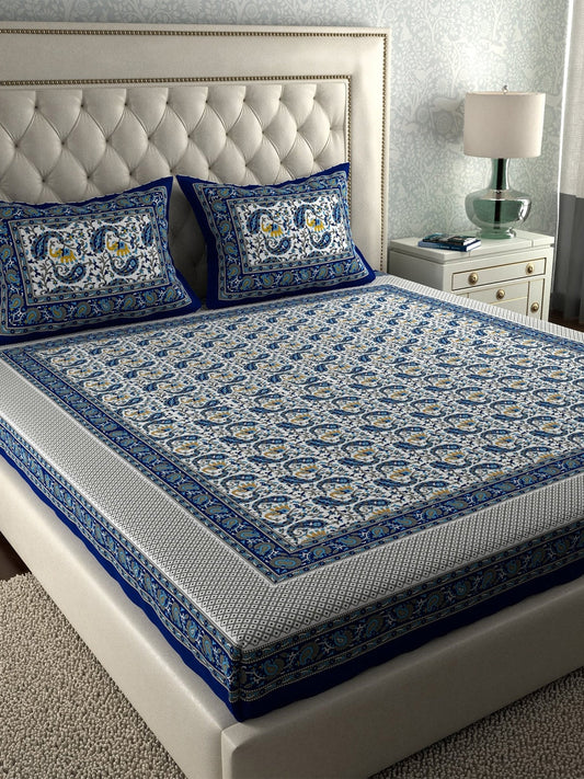 LA VERNE Blue & White Printed 104 TC Queen Bedsheet with 2 Pillow Covers
