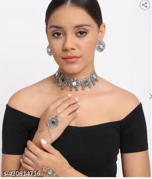Tehzeeb Creations Women's Silver Plated Oxidised Necklace Set With Bracelet | Grab2Buy