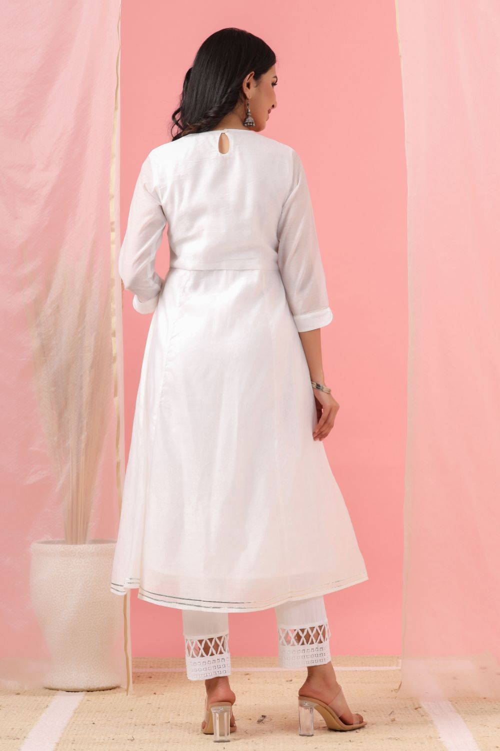Juniper Womens White Cotton Chanderi Embellished A-Line Kurta - Grab2buy