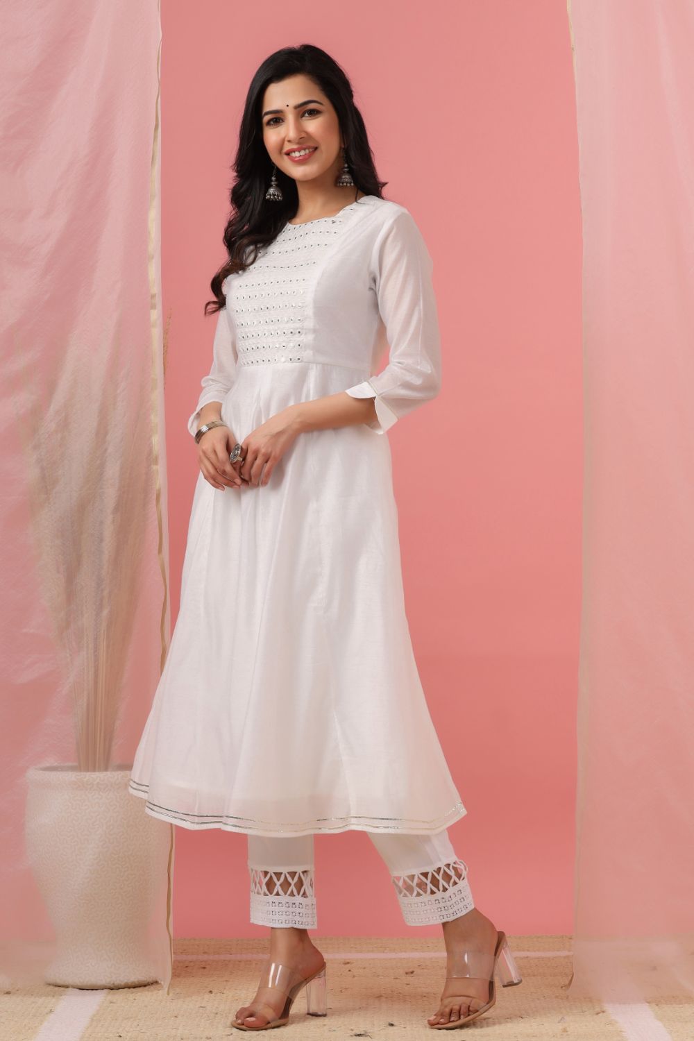 Juniper Womens White Cotton Chanderi Embellished A-Line Kurta - Grab2buy