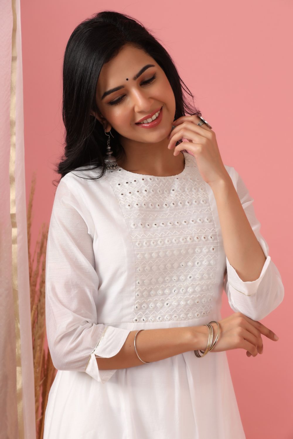 Juniper Womens White Cotton Chanderi Embellished A-Line Kurta - Grab2buy