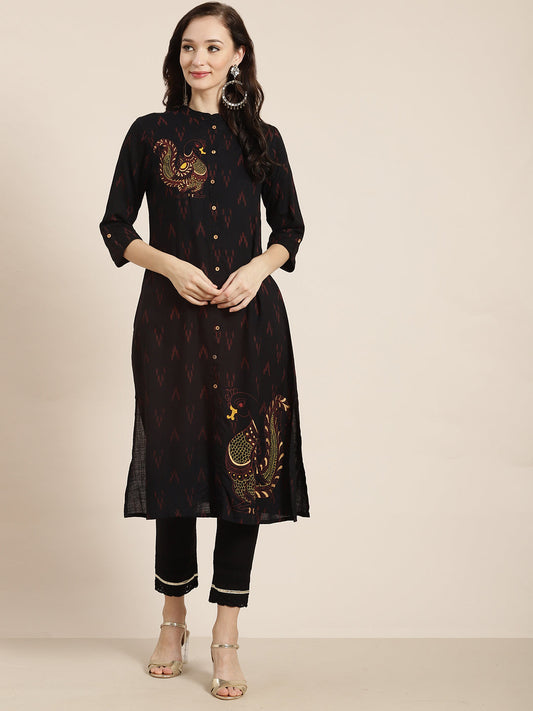 Juniper Womens M-Black Rayon Slub Printed Kurta | Grab2Buy