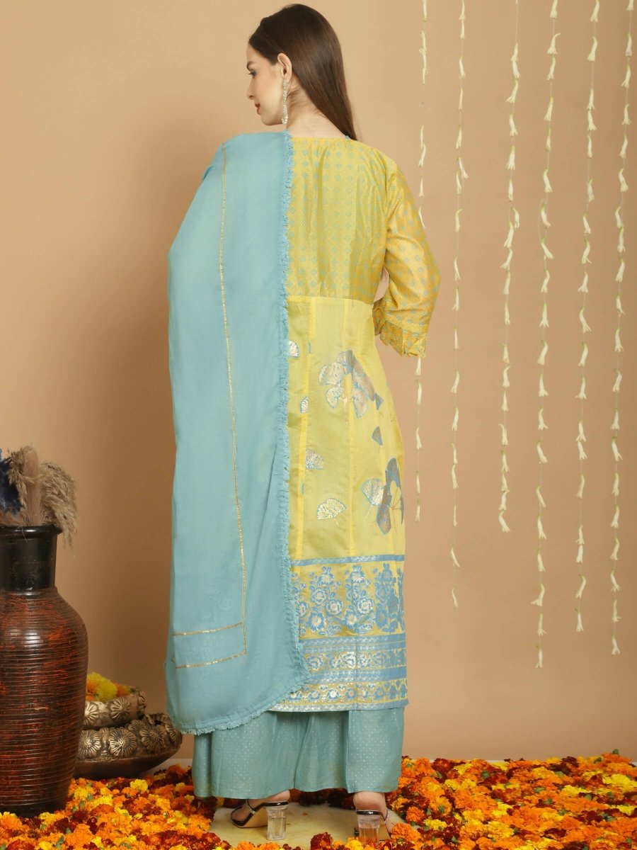 Aastha Fashion Women's Yellow Chanderi Silk Elegant Jardoshi Kurta with Trouser & Dupatta - Grab2buy