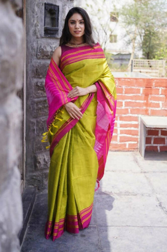 Very Much Indian Handloom Cotton Viscose Ilkal Grab2Buy - Bright Green