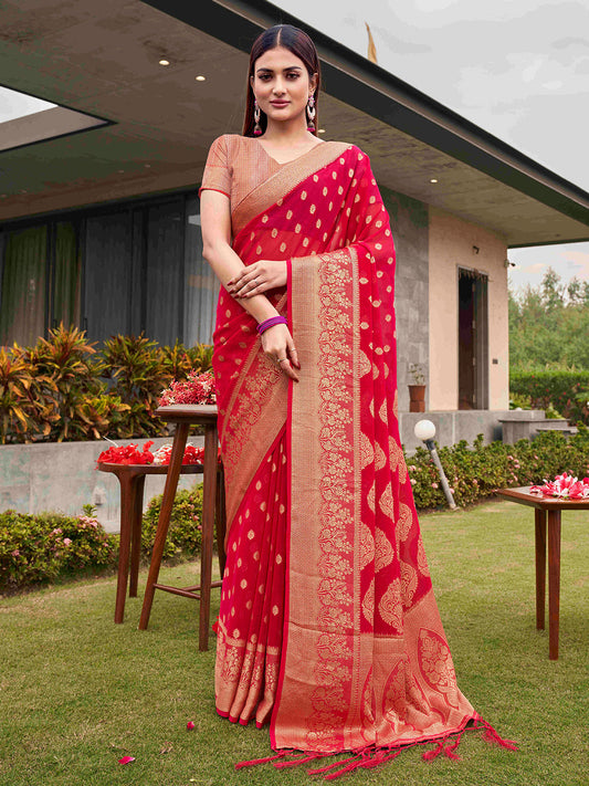 Tikhi Imli Pink Ethnic Motifs Woven Design Zari Grab2Buy