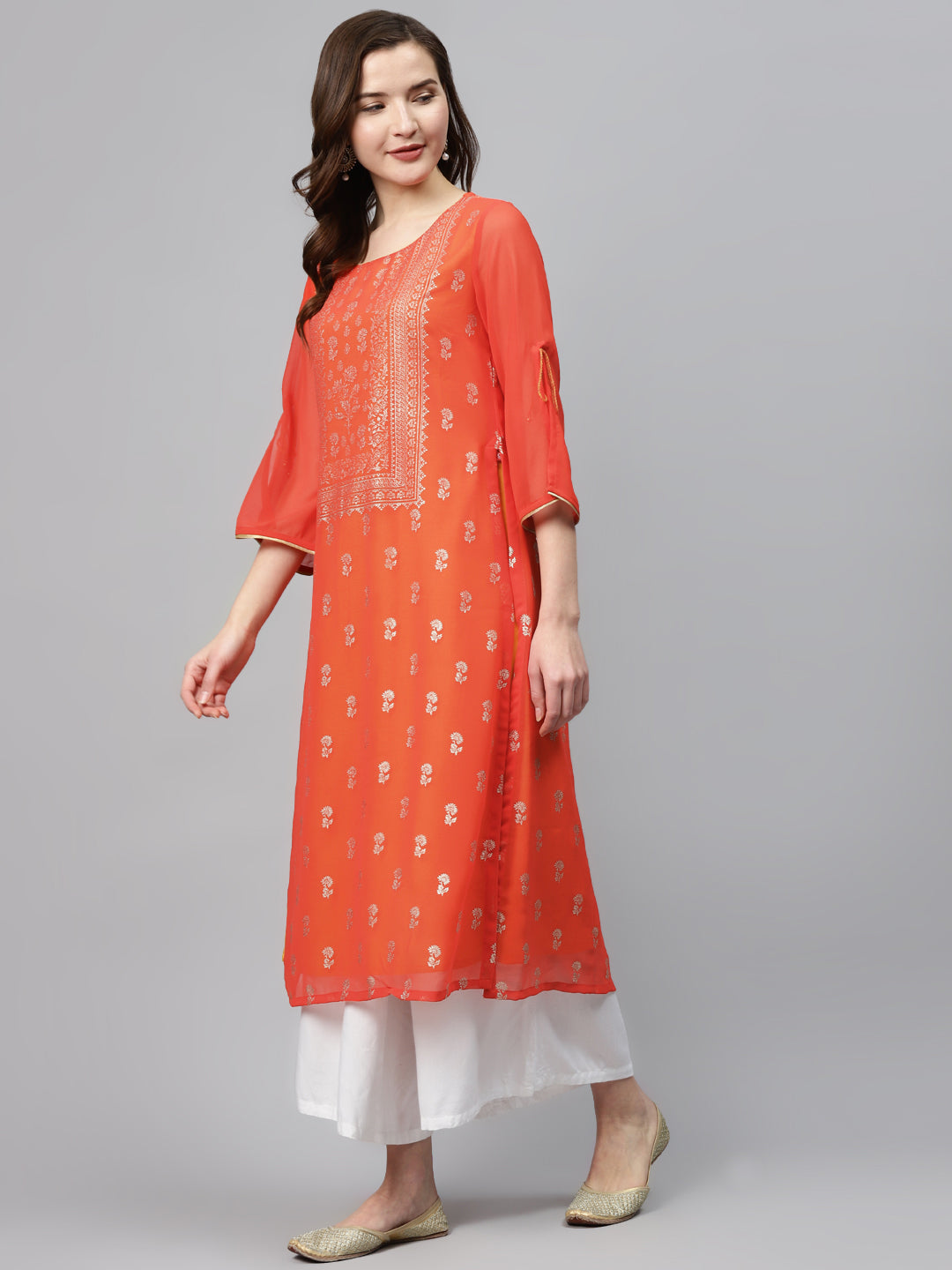 Biba Women Rust Orange & Golden Printed Layered Straight Kurta - Grab2buy