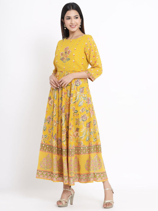 Juniper Women's Mustard Georgette Printed Flared Dress